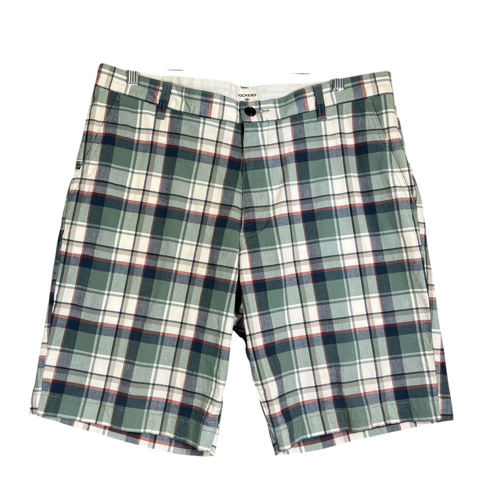 Dockers Shorts Mens 36 Blue Green Madras Plaid Cotton 9" Bermuda Preppy Golf